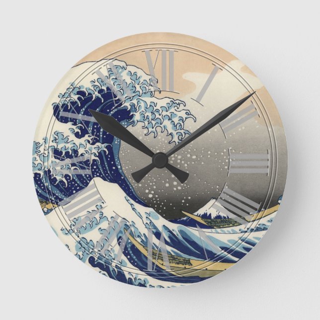 PixDezines Vintage, Great Wave, Hokusai 葛飾北斎の神奈川沖浪 Round Clock (Front)