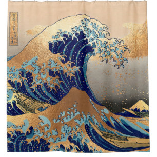 PixDezines Vintage Great Wave Hokusai 葛飾北斎の神奈川沖浪 Shower Curtain