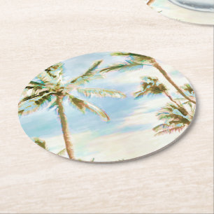 PixDezines Vintage Hawaiian Beach/Blue Round Paper Coaster