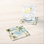 PixDezines Vintage Hawaiian Beach/Coral/Blue Square Paper Coaster<br><div class="desc">PixDezines wedding coasters or everyday coasters..,  featuring Mauna Lani Beach,  vintage style,  hawaiian beach with watercolor affects.  Our dynamic design allows you to edit all elements.  This beautiful digital watercolor coconut palms in teal and breezy blue give you a happy feeling.  

Copyright © 2008-2016,  PixDezines™.  All rights reserved.</div>