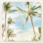 PixDezines Vintage Hawaiian Beach/Coral/Blue Square Paper Coaster<br><div class="desc">PixDezines wedding coasters or everyday coasters..,  featuring Mauna Lani Beach,  vintage style,  hawaiian beach with watercolor affects.  Our dynamic design allows you to edit all elements.  This beautiful digital watercolor coconut palms in teal and breezy blue give you a happy feeling.  

Copyright © 2008-2016,  PixDezines™.  All rights reserved.</div>