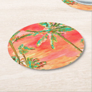 PixDezines Vintage Hawaiian Beach/Coral/Teal Round Paper Coaster