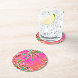 PixDezines Vintage Hawaiian Beach/Pink/Teal Round Paper Coaster