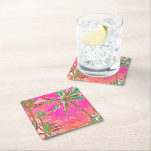 PixDezines Vintage Hawaiian Beach/Pink/Teal Square Paper Coaster