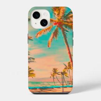 PixDezines Vintage Hawaiian Beach Scene/teal iPhone 14 Case