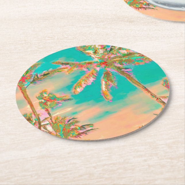 PixDezines Vintage Hawaiian Beach/Teal Round Paper Coaster (Angled)