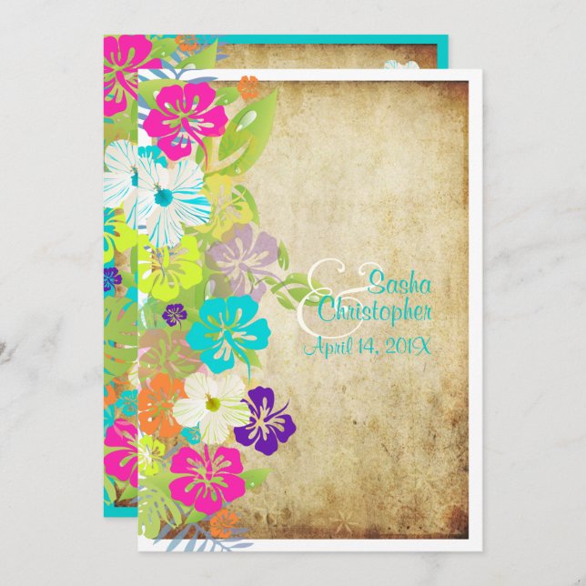 PixDezines VINTAGE HIBISCUS LEIS/LUAU/DIY Colours Invitation (Front/Back)