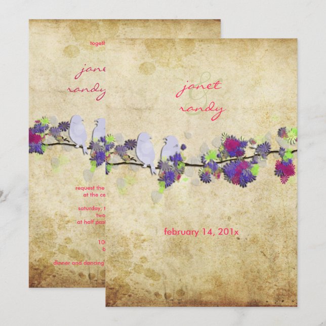 PixDezines Vintage love birds/lilac Invitation (Front/Back)