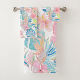 PixDezines Vintage Pastel H2 Hawaii Floral Foliage Bath Towel Set