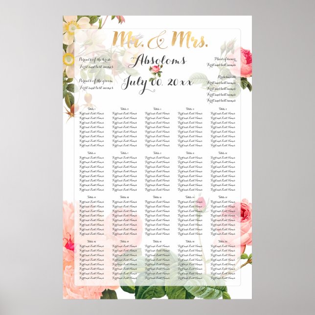 PixDezines Vintage Roses Seating Chart (Front)