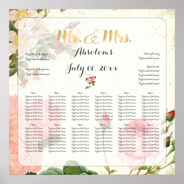 PixDezines Vintage Roses Seating Chart (Front)