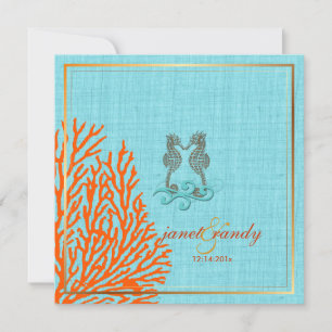 PixDezines vintage seahorse+coral/faux linen Invitation