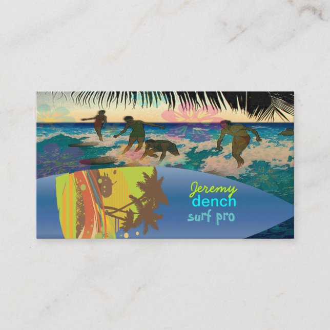 PixDezines vintage surfers at sunset, Hawaii ♥♥♥♥♥ Business Card (Front)