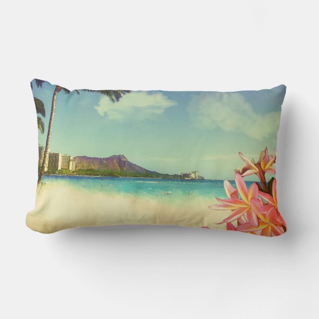PixDezines vintage waikiki beach/diamond head Lumbar Cushion (Front)
