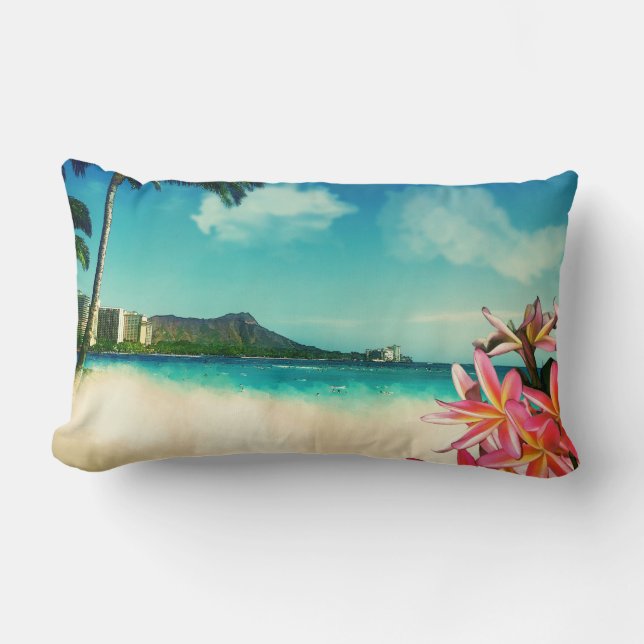 PixDezines vintage waikiki beach/diamond head Lumbar Cushion (Front)
