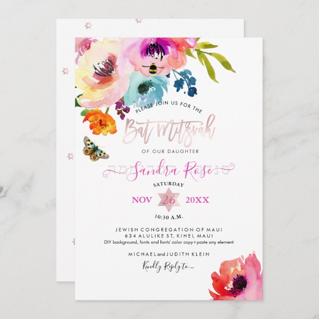 PixDezines Water Roses Watercolor Bat Mitzvah Invitation (Front/Back)