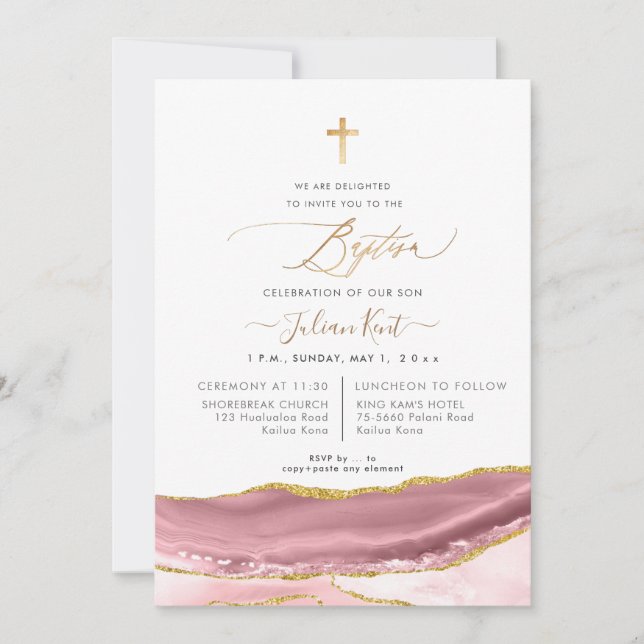 PixDezines Watercolor Agate Dusty Mauve Baptism Invitation (Front)