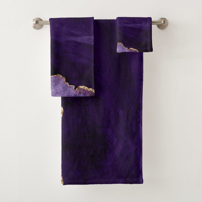 PixDezines Watercolor Agate Purple Gold Veins Bath Towel Set (Insitu)