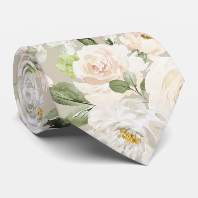 PixDezines Watercolor Alabaster Cream Roses Tie (Rolled)