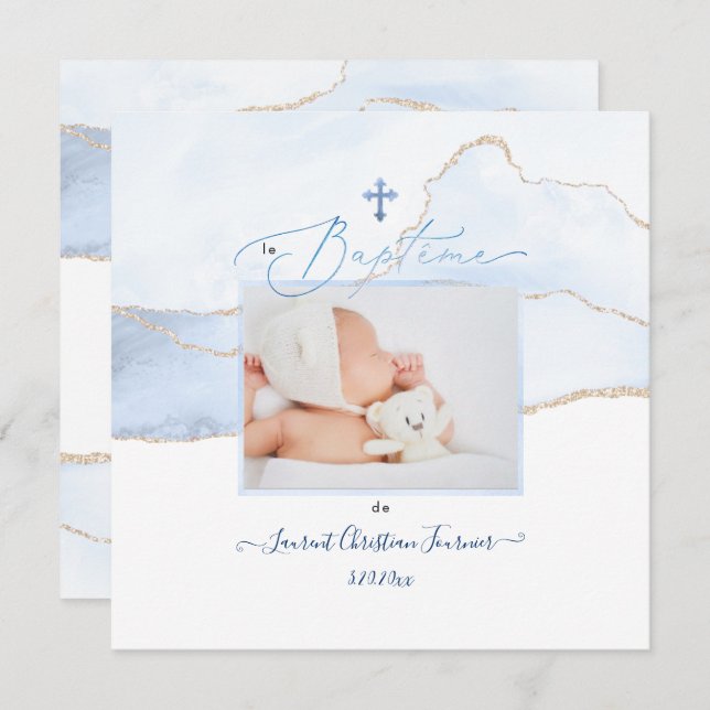PixDezines Watercolor Bleue Agate, Baptême garçon Invitation (Front/Back)