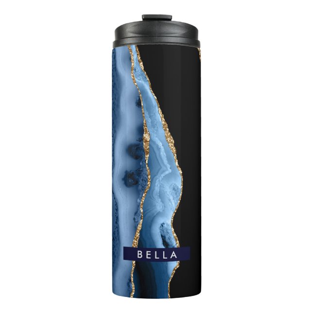 PixDezines WATERCOLOR BLUE AGATE FAUX GOLD VEINS Thermal Tumbler (Front)
