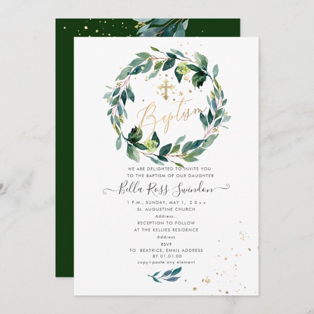 PixDezines Watercolor Blue Gum Greenery Baptism Invitation (Front/Back)