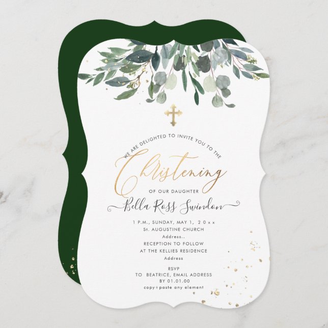 PixDezines Watercolor Blue GumGreenery Christening Invitation (Front/Back)