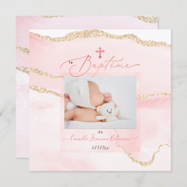 PixDezines Watercolor Blush Agate, Baptême Fille Invitation (Front/Back)