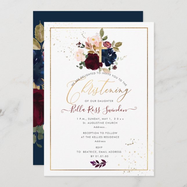 PixDezines Watercolor Blush+Burgundy Flowers Invitation (Front/Back)