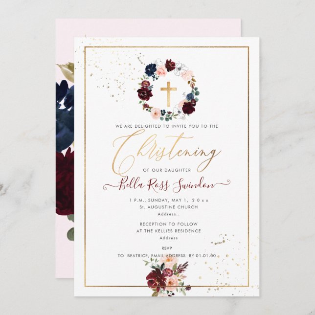 PixDezines Watercolor Blush+Burgundy Wreath Invitation (Front/Back)