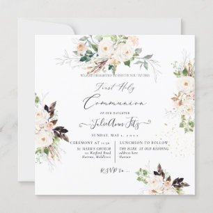 PixDezines Watercolor Blush+Cream Roses Communion  Invitation