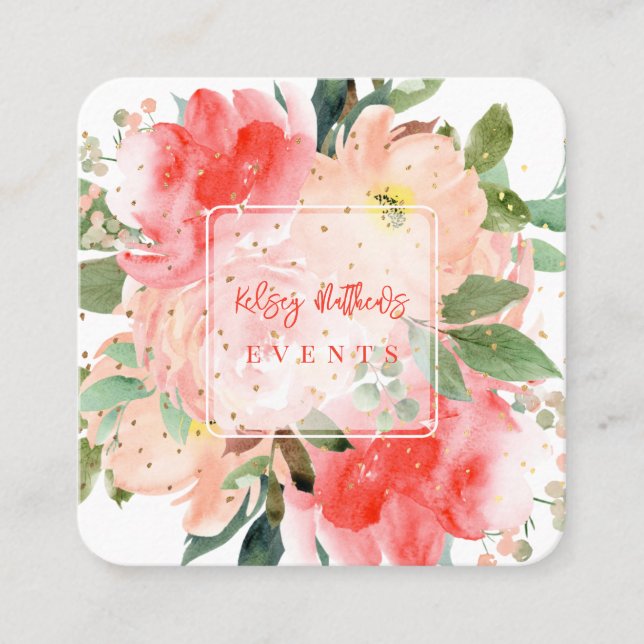 PixDezines Watercolor Blush Peonies Gold Dust Square Business Card (Front)