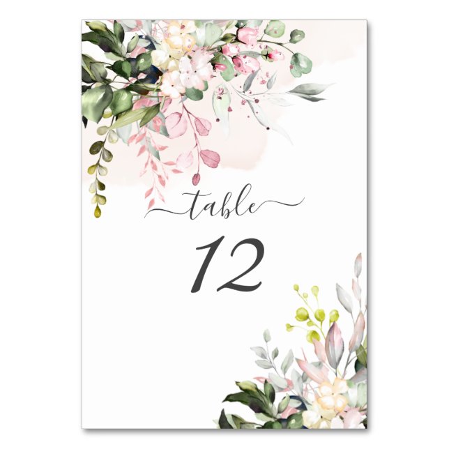 PixDezines Watercolor Blush Pink Gum Eucalyptus Table Number (Front)
