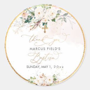 PixDezines watercolor blush pink roses Baptism Classic Round Sticker