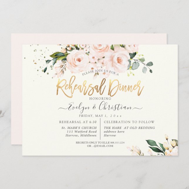 PixDezines Watercolor Blush Roses Rehearsal Dinner Invitation (Front/Back)