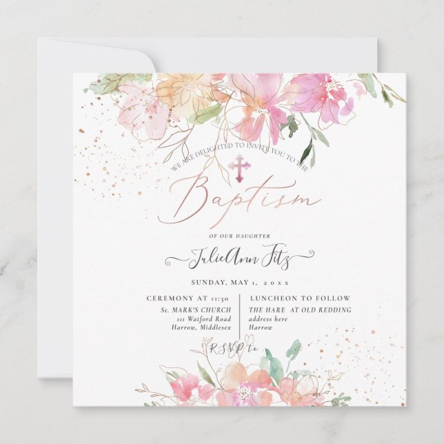 PixDezines Watercolor Blush Sweet Peas Baptism Invitation (Front)
