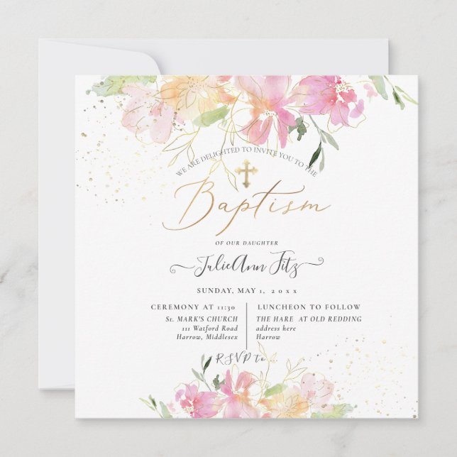 PixDezines Watercolor Blush Sweet Peas Baptism Invitation (Front)