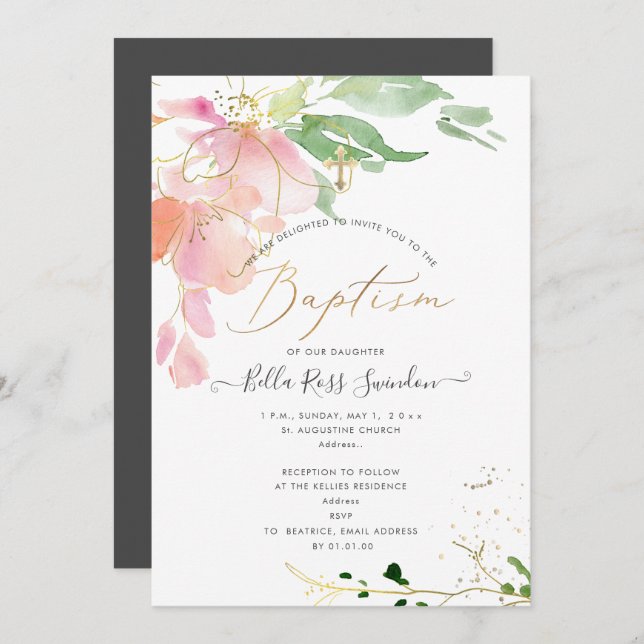 PixDezines Watercolor Blushing Sweetpeas Baptism Invitation (Front/Back)
