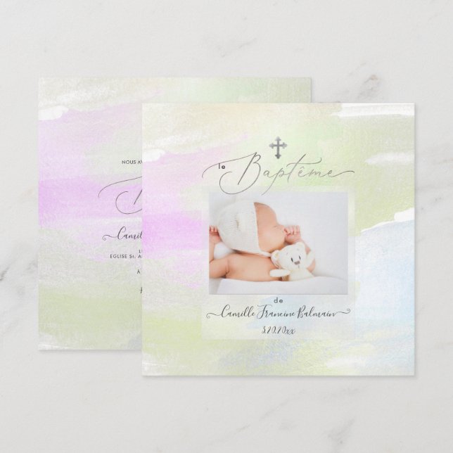 PixDezines Watercolor Brush Stroke, Baptême Fille Invitation (Front/Back)