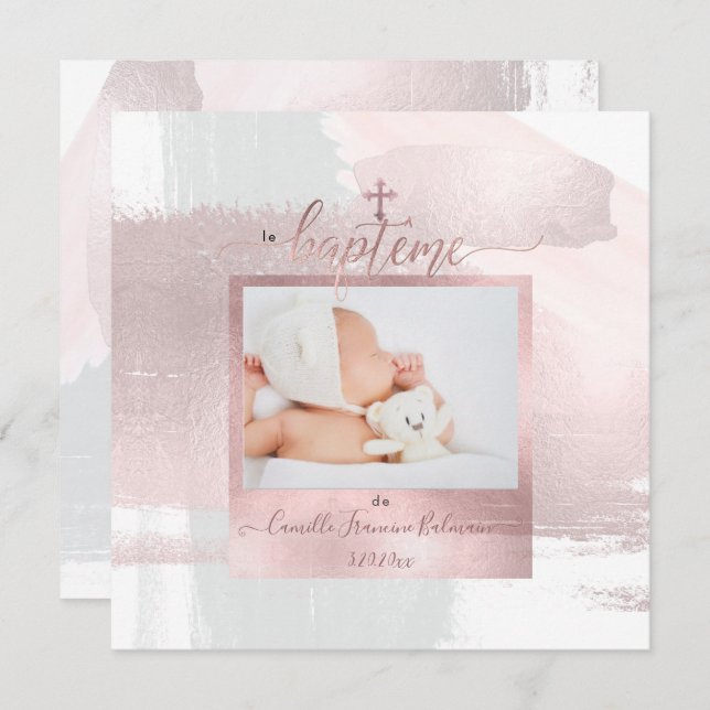 PixDezines Watercolor Brush Stroke, Baptême Fille Invitation (Front/Back)