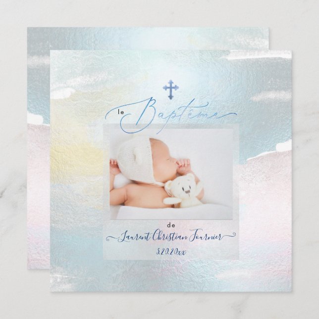 PixDezines Watercolor Brush Stroke, Baptême garçon Invitation (Front/Back)