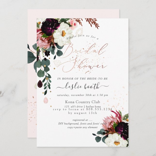 PixDezines Watercolor Burgundy Roses Bridal Shower Invitation (Front/Back)