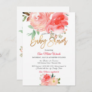 PixDezines Watercolor Coral Peonies Baby Shower Invitation