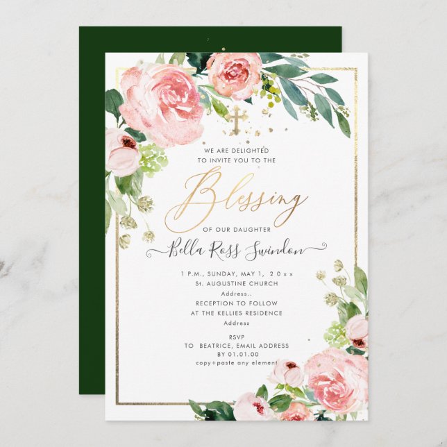 PixDezines Watercolor Delicate Blush Bloom Baptism Invitation (Front/Back)
