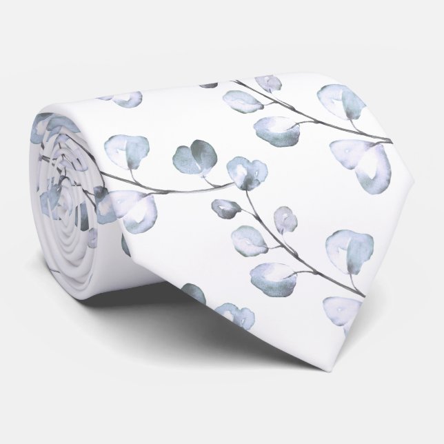 PixDezines Watercolor Dusty Blue Eucalyptus Tie (Rolled)