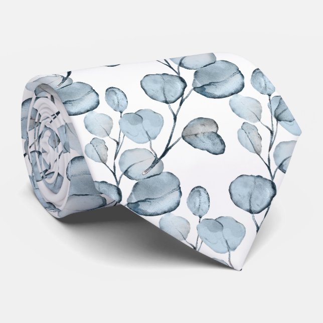 PixDezines Watercolor Dusty Blue Gum Eucalyptus Tie (Rolled)