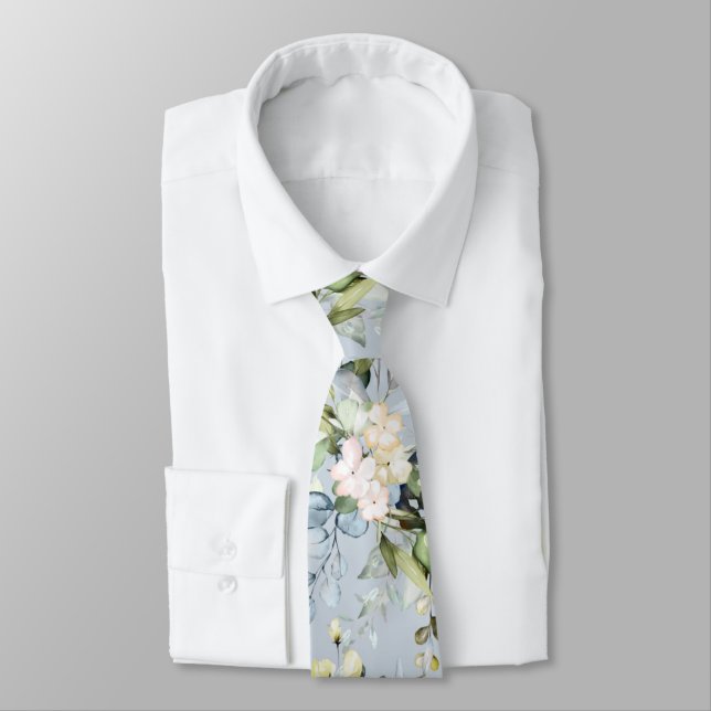 PixDezines Watercolor Dusty Blue Gum Foliage Neck  Tie (Tied)