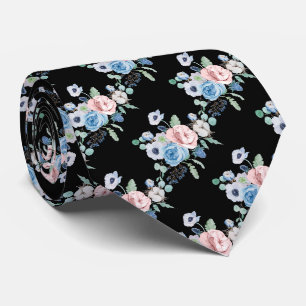PixDezines Watercolor Dusty Blue Rose Peonies Neck Tie