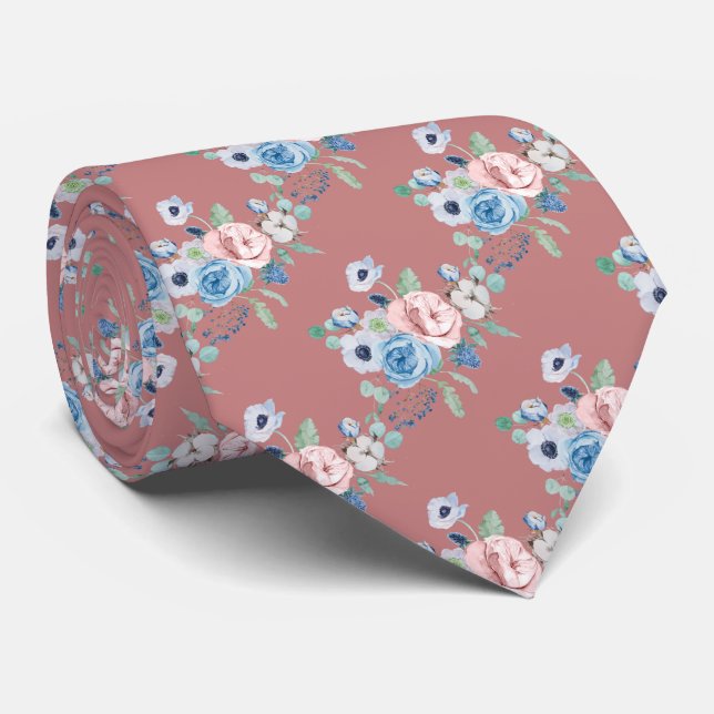 PixDezines Watercolor Dusty Blue Rose Peonies Neck Tie (Rolled)