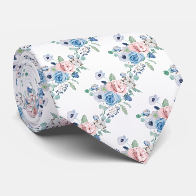 PixDezines Watercolor Dusty Blue Rose Peonies Neck Tie (Rolled)